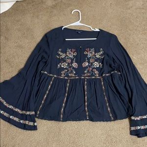 Navy embroidered fall top